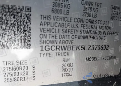 2020 Chevrolet Silverado C1500 Custom из США, поврежденный, VIN 1GCRWBEK5LZ373692